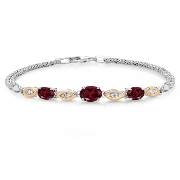 Gem Stone King 925 Silver and 10K Yellow Gold Red Rhodolite Garnet and White Lab Grown Diamond Bracelet for Women (1.96 Cttw, Gemstone January Birthstone, Oval, Wheat Chain, 6.5 inches)