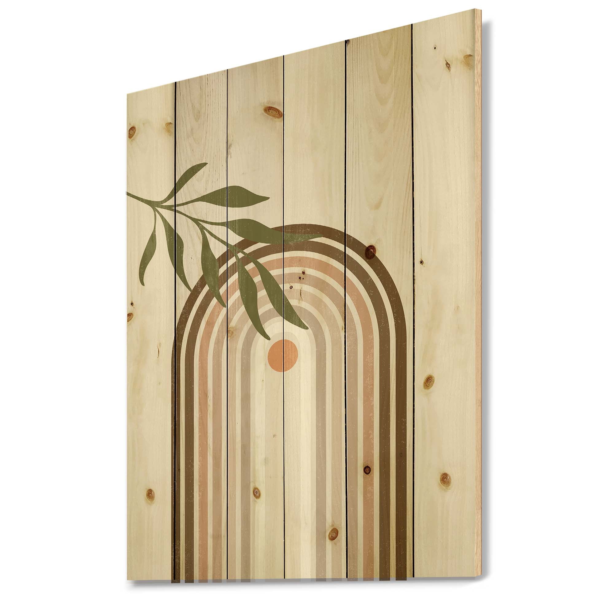 Designart 'Abstract Moon and Sun With Green Leaf I' Modern Print on Natural Pine Wood