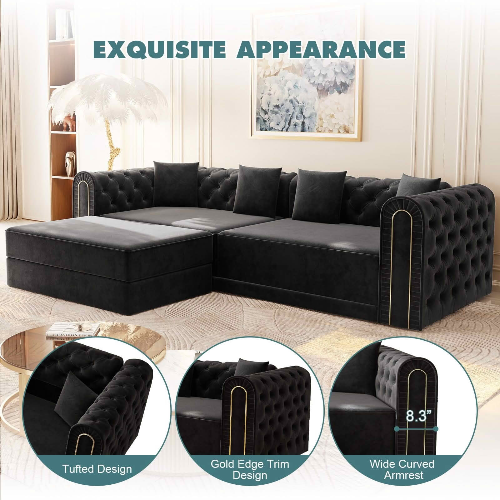 MAYEERTY 90.6" 3‑in‑1 Convertible Sleeper Sofa, Modern Velvet 3‑Seater Couch with Tufted & Gold Trim, Movable Ottoman, 4 Pillows Included