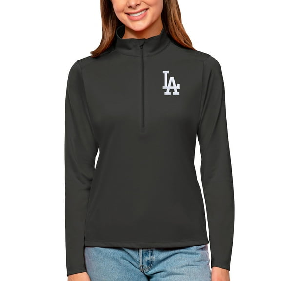 Women's Antigua Charcoal Los Angeles Dodgers Tribute Quarter-Zip Pullover Top