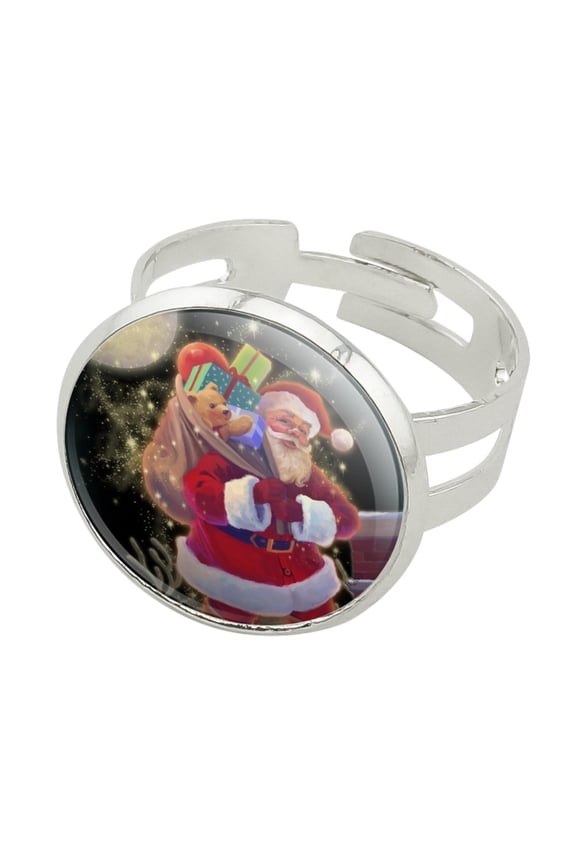 Christmas Holiday Santa Chimney Magic Silver Plated Adjustable Novelty Ring