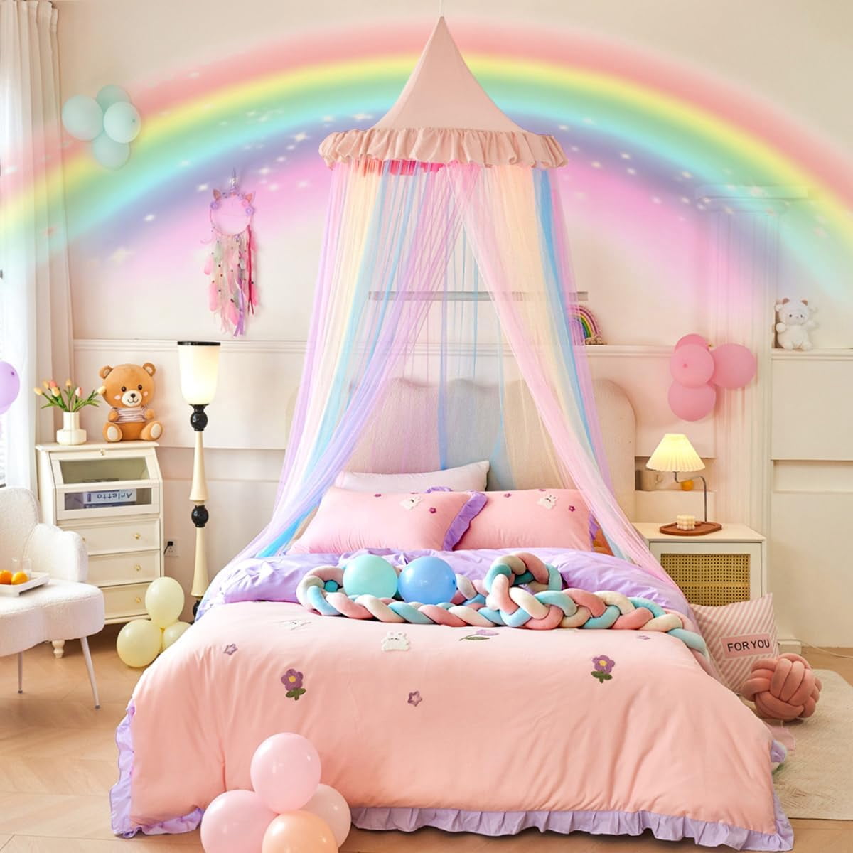 Rainbow Bed Canopy for Girls Dreamy Mosquito Net for Bed Round Dome Princess Bed Canopy Girl Room Play Tent Kids Canopy Bed Netting Curtains (Single Layer- Pink)