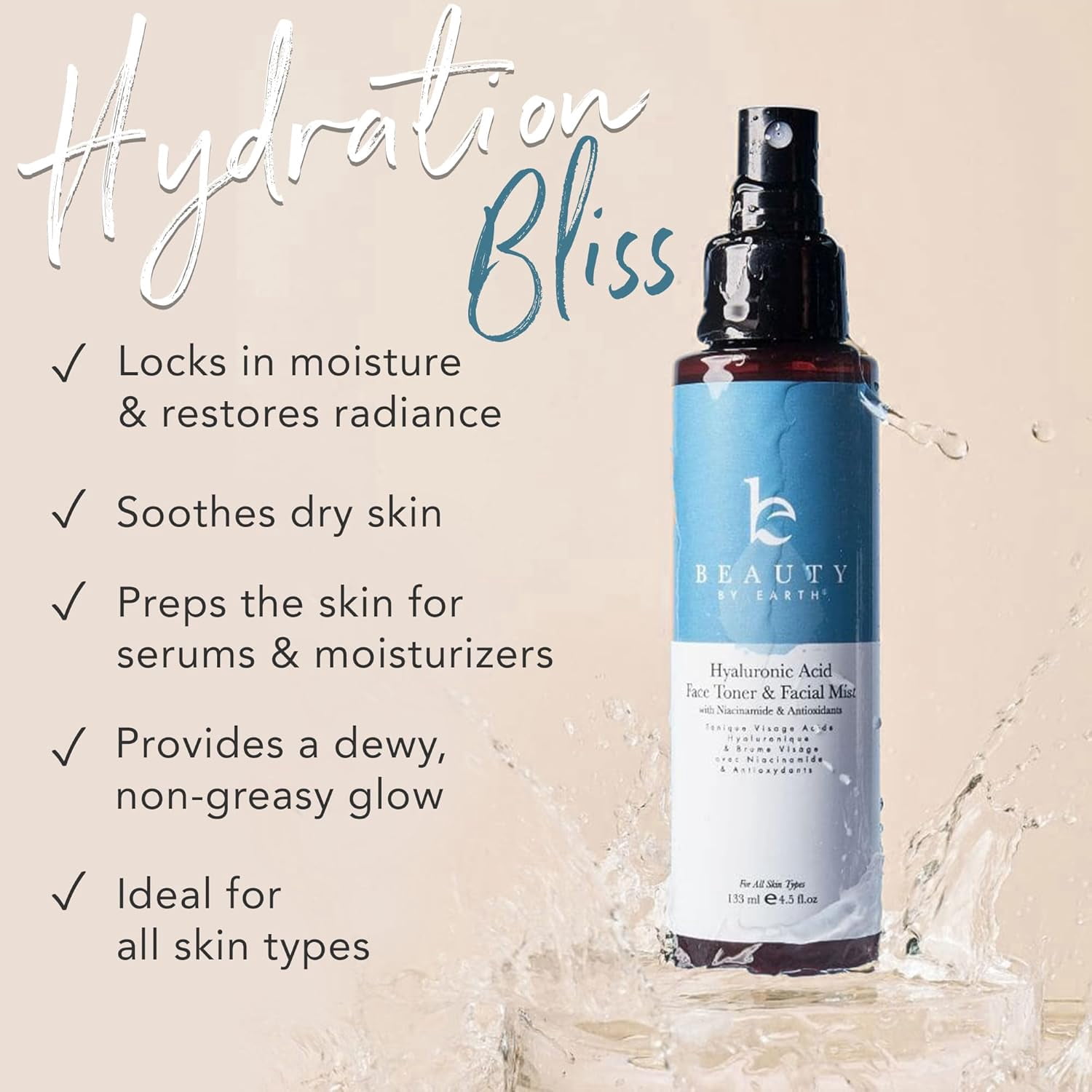 Beauty by Earth - Hyaluronic Acid Face Toner for Women & Men - Face Spray Mist Hydrating Toner for Face
