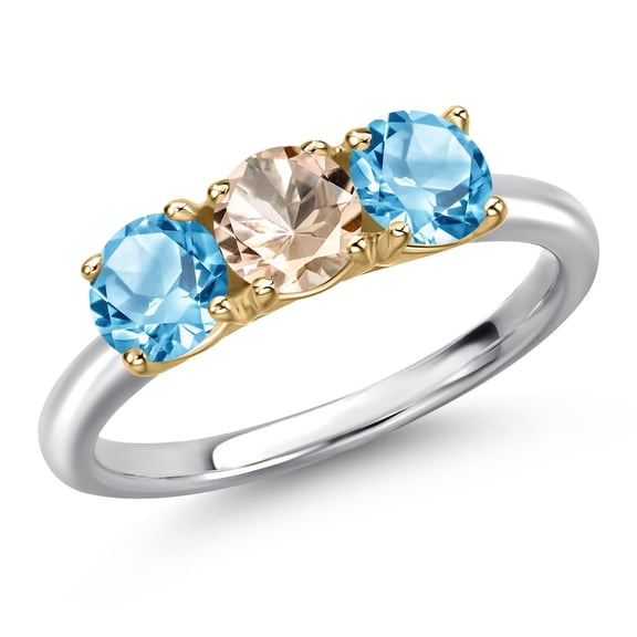 Gem Stone King 925 Silver and 10K Yellow Gold Peach Morganite and Swiss Blue Topaz Engagement Ring for Women | 1.70 Cttw | Round 5MM | Gemstone October Birthstone | Size 6