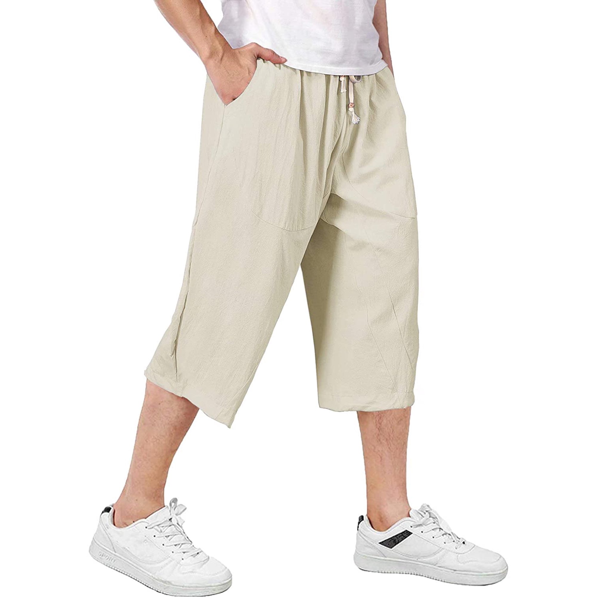 HEIBINMen's Capri Pants with 4 Pockets Linen Shorts Baggy Wide Leg