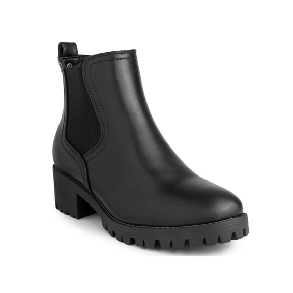 SUGAR Womens Black Chelsea Boot Cushioned Back Pull Tab Lug Sole Stretch Kelce Round Toe Block Heel Slip On Booties 7 M