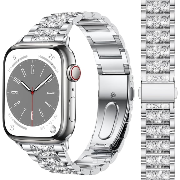 Compatible with Apple Watch Bling Band Women 38mm 40mm 41mm 42mm Series 11 10 9 8 7 6 5 4 3 2 1 SE, Upgraded Sparkle Replacement Bracelet iWatch Band, Diamond Rhinestone Stainless Steel Metal Strap