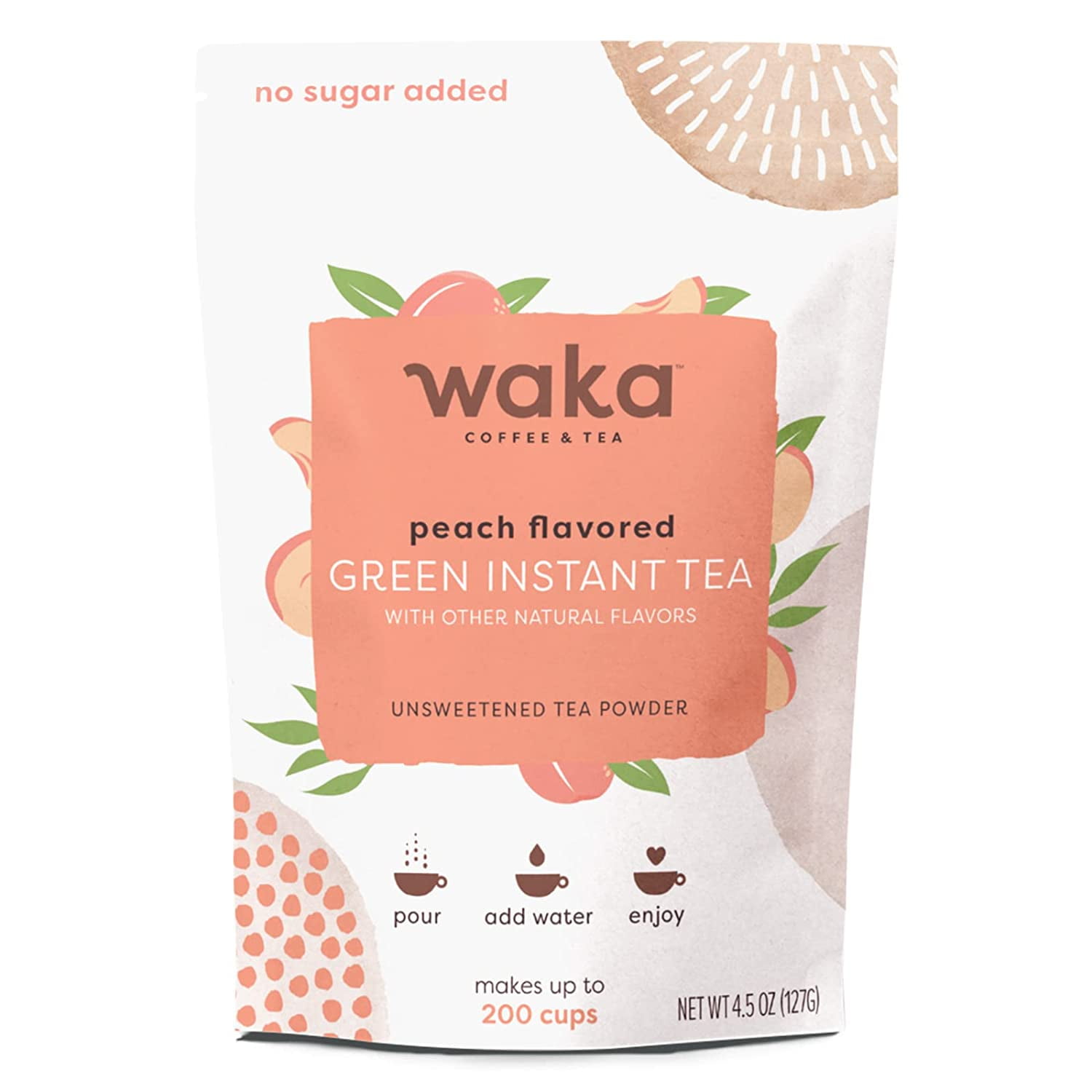 Waka Quality Instant Tea — No Sugar Added & Unsweetened Peach Flavored Green Tea Powder — 100% Tea Leaves — 4.5 oz Bulk Bag