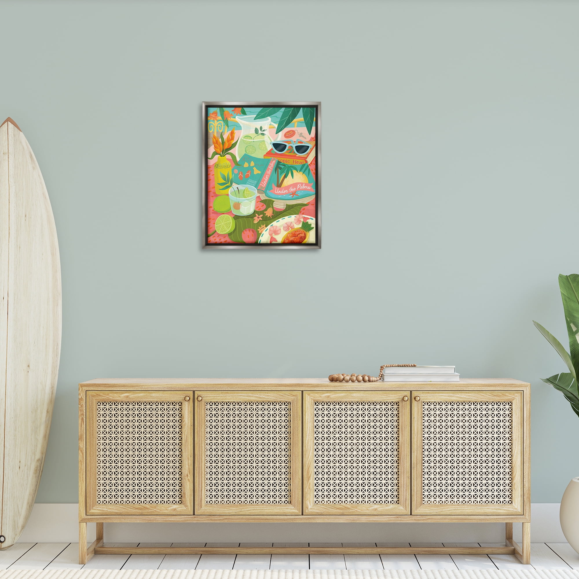 Stupell Industries Tropical Drinks on Beach Food & Beverage Painting Gray Floater Framed Canvas Art Print Wall Art, 25 x 31