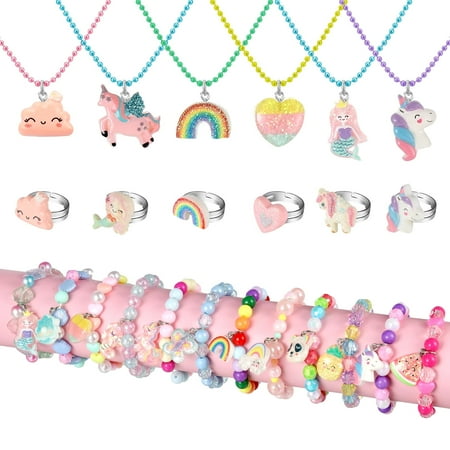 Abaima 24 Pcs Toddler Grils Play Jewelry Set , Necklaces with Bracelets Cute Multicolor Unicorn Heart Star Rainbow Charms Kids Gift Party Favors Pretend Play Dress Up Toys