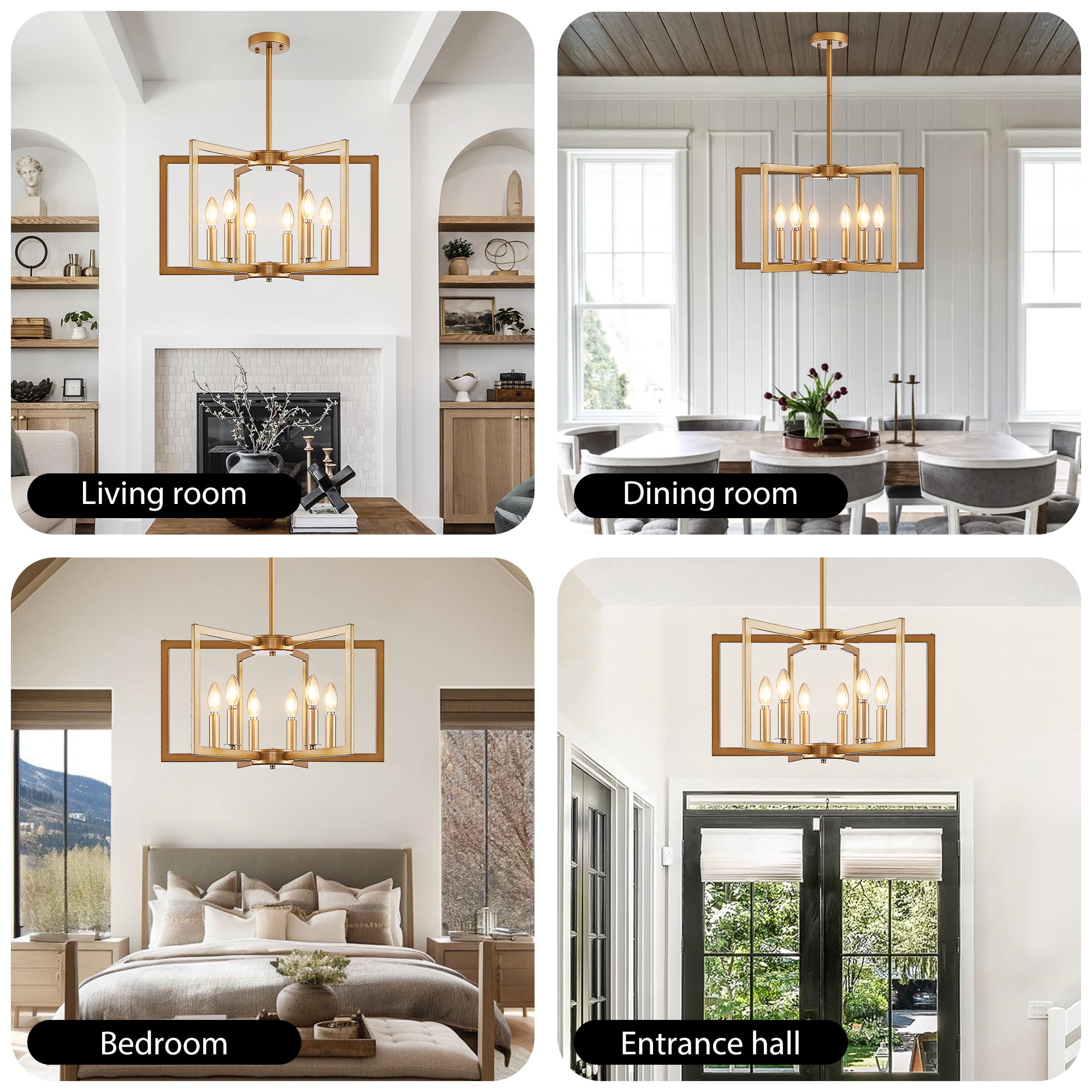 Gold chandeliers for dining room, 6-Light Geometric Modern Farmhouse Hanging Metal for Kitchen Island Pendant Lights Fixture