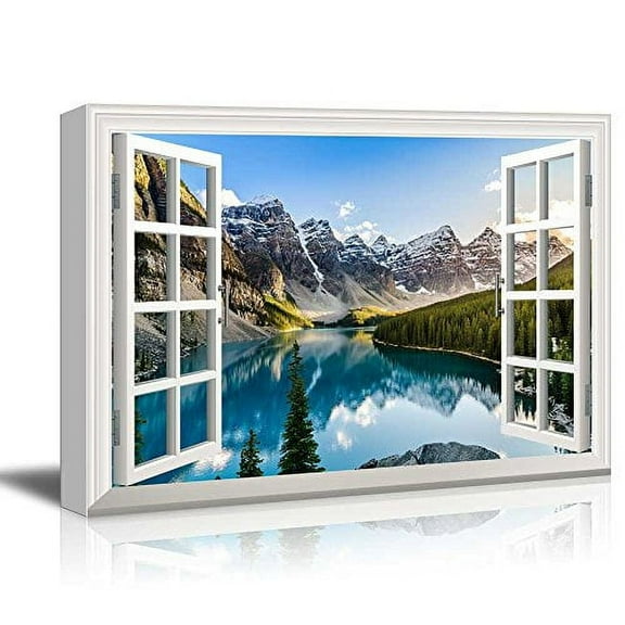 wall26 Canvas Print Wall Art Window View Landscape Snowy Mountain Forest Nature Wilderness Photography Modern Art Rustic Scenic Colorful Multicolor for Living Room, Bedroom, Office - 12"x18"