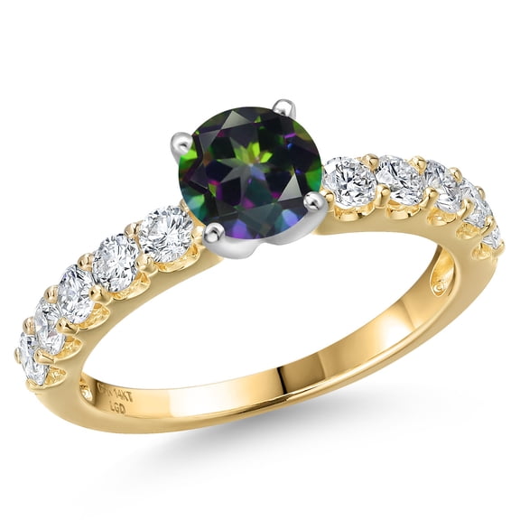 Gem Stone King 14K Two Tone Gold Green Mystic Topaz and Lab Grown Diamond Engagement Ring for Women | 1.20 Cttw | Round 5MM | Gemstone November Birthstone | Size 8