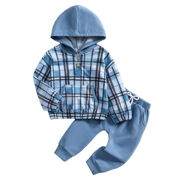 Xudanell Baby Boy Winter Outfit Plaid Hoodie Set Long Sleeved Pullover Hoodies Casual Tops Solid Pants Toddler Boys Pant Set Blue 18-24 Months