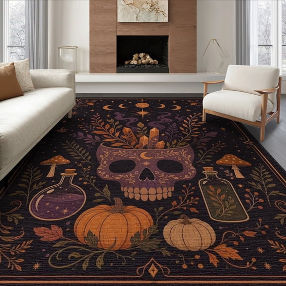 ODIKA 8'x10' Washable Area Rug Dark Purple Orange Celestial Skull Design Mystical Symbols with Moon and Stars Motif for King Size Bedroom Under Bed, Master Suite, Non-Shedding, Easy Care