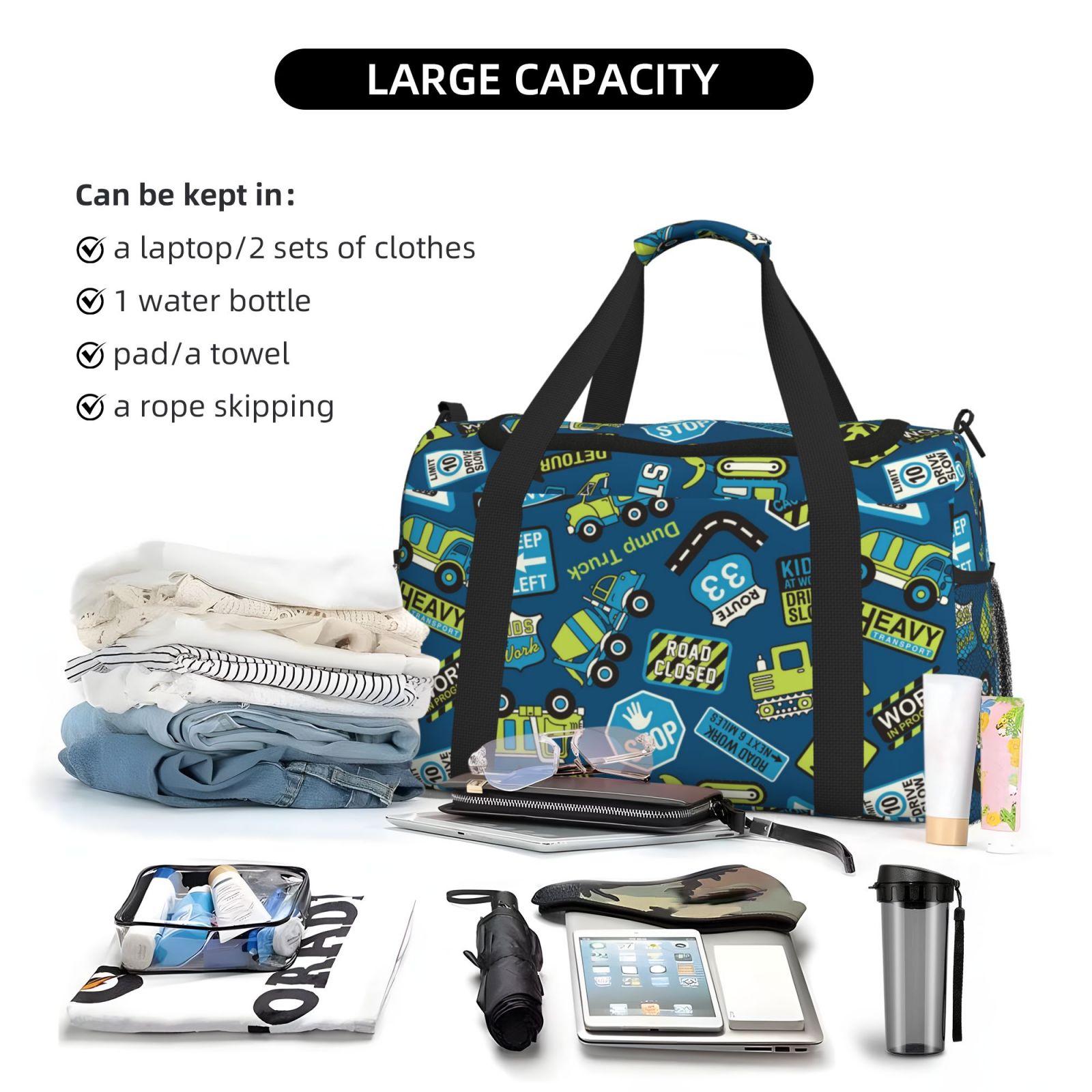 Fuzoiu Dump Truck Print Travel Duffle Bag,Carry On Tote Bags,Duffel Bag,Sport Gym Bag, Hospital Bag for Labor and Delivery, Overnight Bag,Luggage Bag