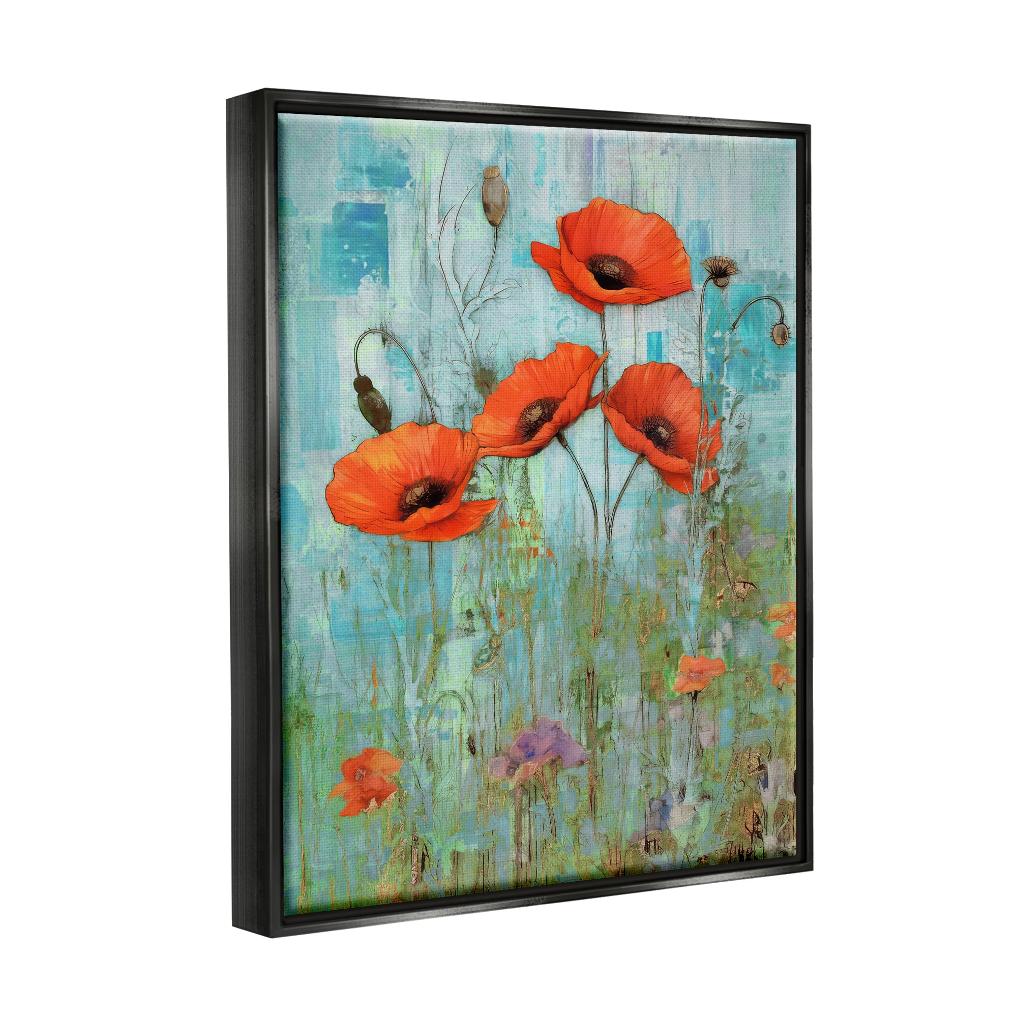 Stupell Industries Poppy Meadow on Blue Botanical & Floral Painting Black Floater Framed Canvas Art Print Wall Art, 25 x 31