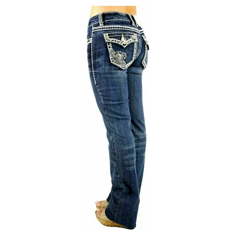 Jack David Women's Rhinestone Mid Rise Bootcut Stretchy Denim Jeans Pants  (Jack David Bootcut Blue 3440-PB)