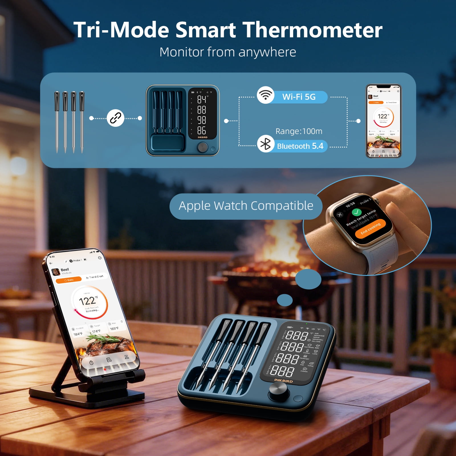 INKBIRD WiFi 5G and Bluetooth Meat Thermometer with 4 Multi-sensor Probes, NIST Accredited Accuracy, Apple Watch Monitoring, Temperature Alarms, Smart Food Thermometer for BBQ, Grill, Ove
