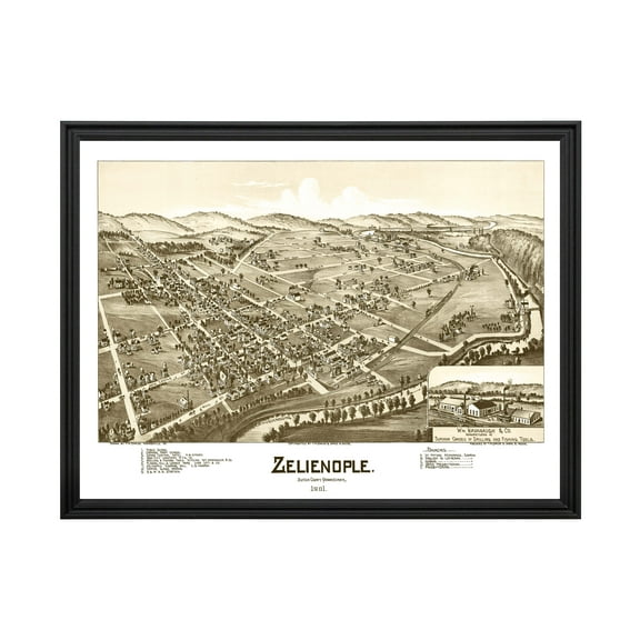 Zelienople Art, 1901 Vintage Map of Zelienople Pennsylvania, PA History Wall Decor Gift, Old Zelienople Map - 24" x 18" Black Framed Print