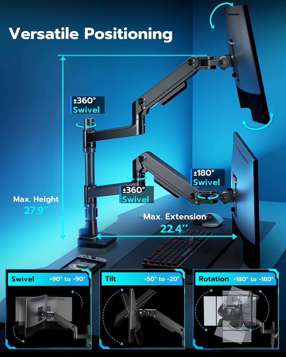 ARES WING Dual Monitor Arm with USB for 17"-49" Ultrawide Screens, Heavy Duty Vertical Gas Spring Dual Monitor Mount for Desk, Adjustable Stacking Double Monitor Stand, VESA 75x75 100x100, Black
