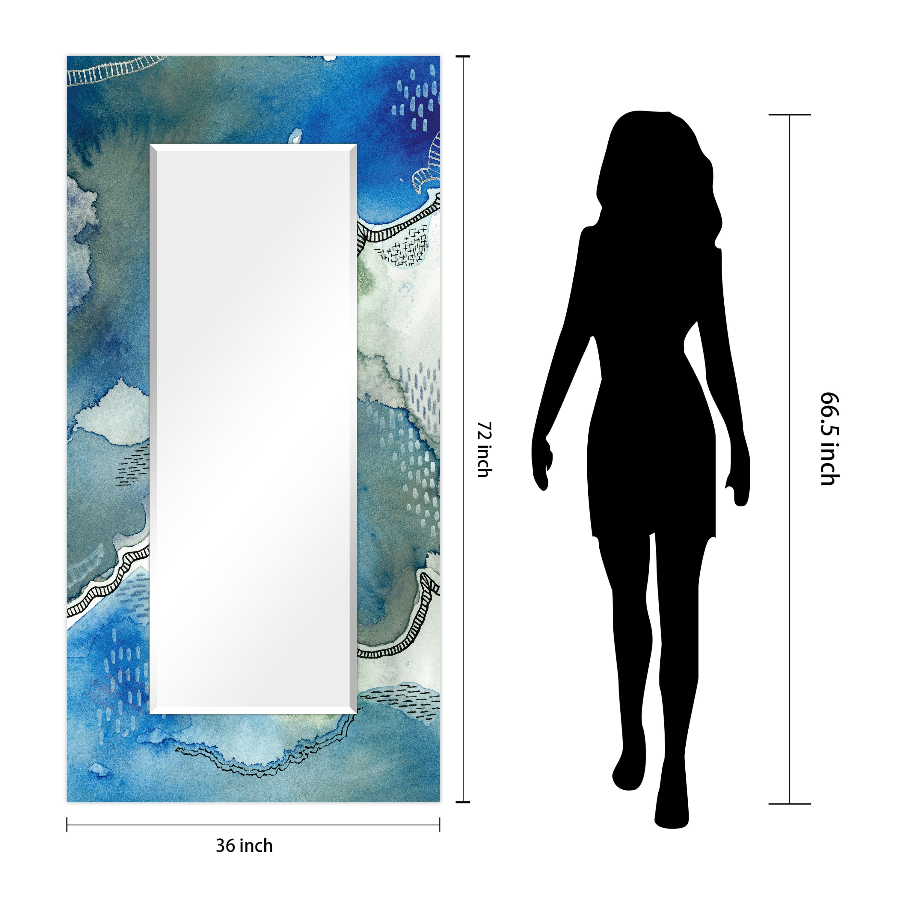 Empire Art Direct "Subtle Blue"Abstract Rectangular Beveled Wall Mirror on Free Floating Tempered Glass - Multi 72 x 36 Blue, Ivory
