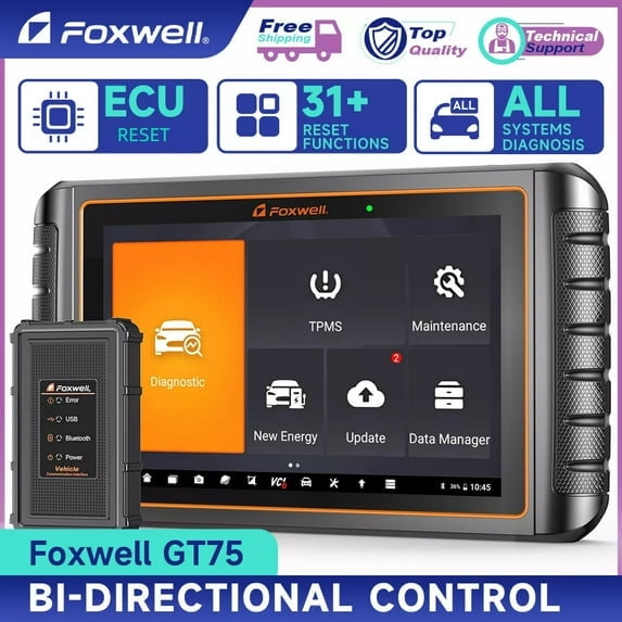 Foxwell GT75 Outil Avancé de Diagnostic Automobile Bidirectionnel Outil d'Analyse OBD2 Lecteur Tout Système Lecteur de Voiture 33+ Services de Réinitialisation d'Entretien Réinitialisation de l'ECU Test Actif Bluetooth OBDII Lecteur de Code EOBD Tablette