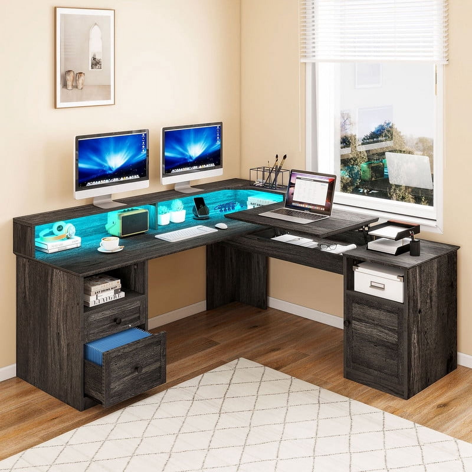 Uforic L Shaped Computer Desk with Power Outlet&LED Lights&File Drawer, 59 '' Corner Computer Table with Hutch& Storage Shelves, Gaming Desk Office Desk with Lift Top For Home Office, Gray