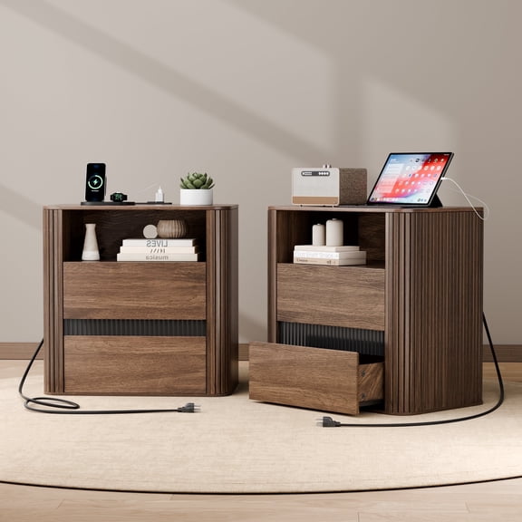 Satifur Fluted Wooden Nightstand with Charging Station, Mid-Century Modern 2-Drawer Bedside Table, End Table for Bedroom and Living Room, American Walnut, Set of 2