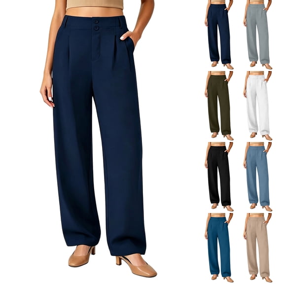 Stamzod Trousers Pants for Women Business Work Dress Pants Wide Leg Casual Trousers Slacks with Pockets White L