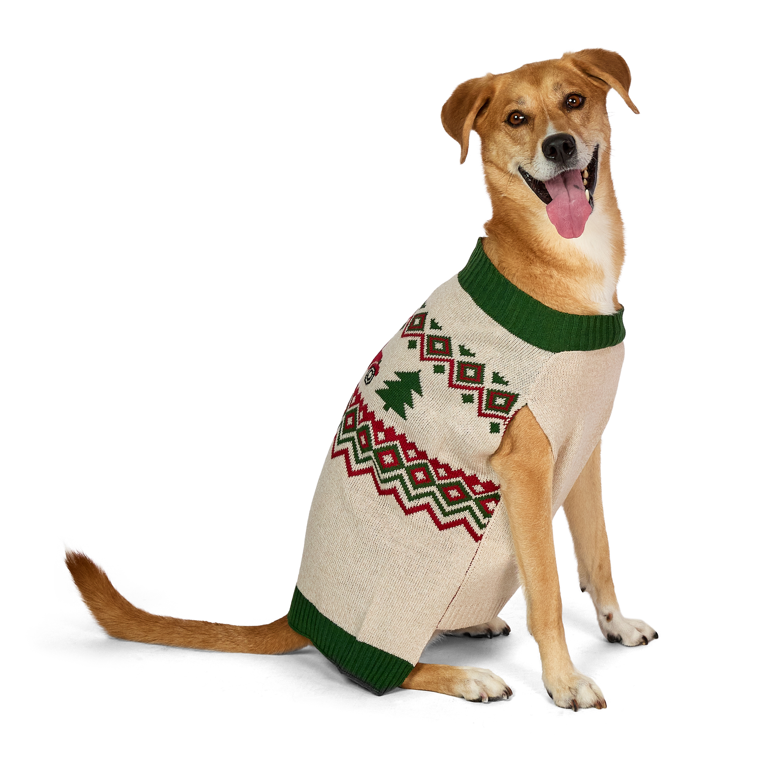 Vibrant Life Holiday Truck Hooded Dog Sweater, Beige & Green, Large