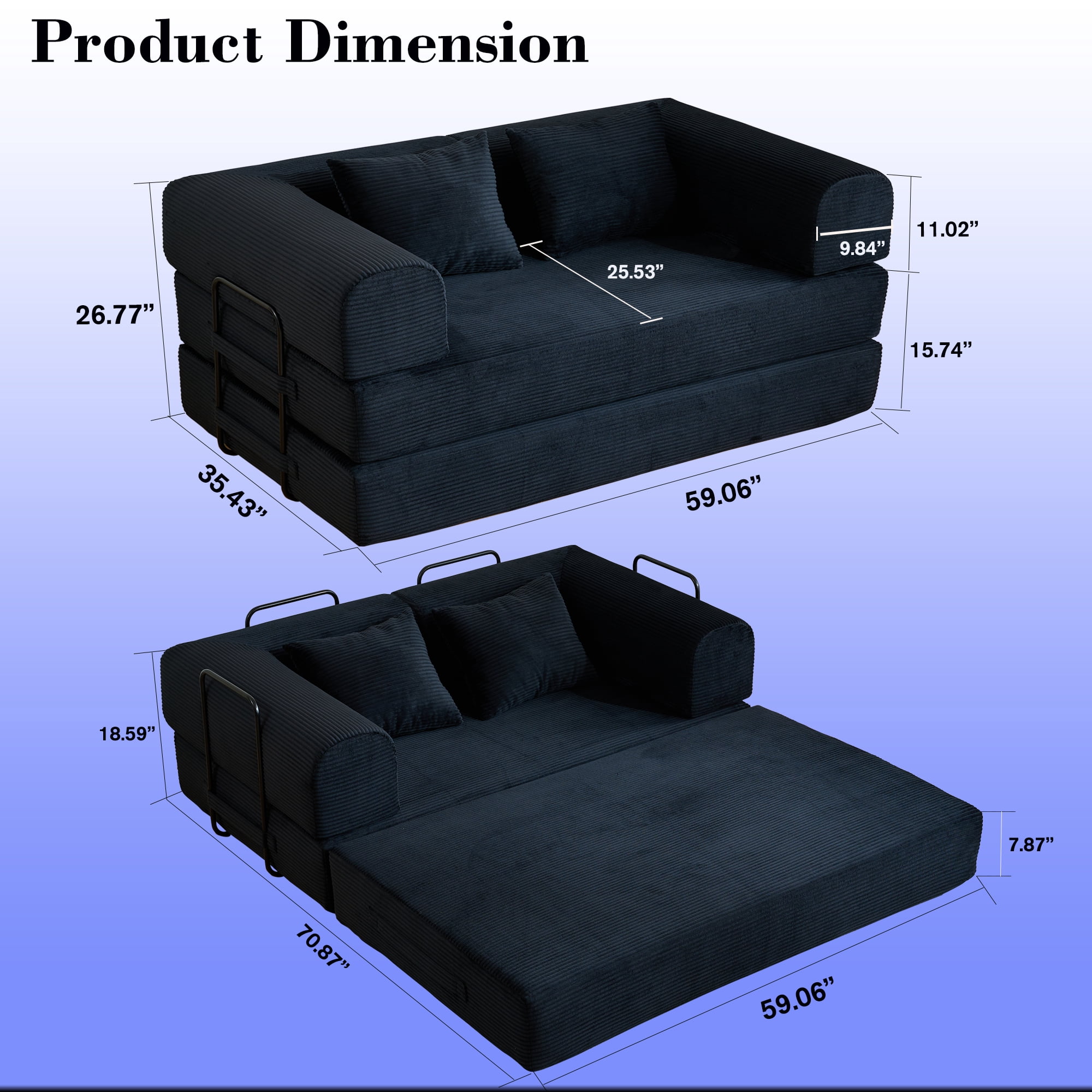 BSHTI 59" Casual Corduroy Convertible Sleeper Sofa Bed with Cylindrical Pillow, No Assembly, Small Space for Living Room（Black）