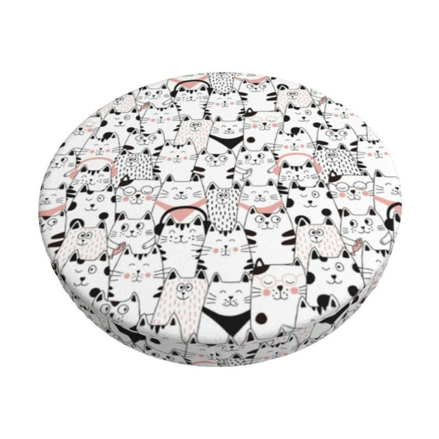 Saiise Housse de Coussin de Tabouret de Bar Imprimé Chat Mignon, Coussin de Siège Rond pour Tabourets en Bois et Métal, Confortable et Durable-14 Pouces
