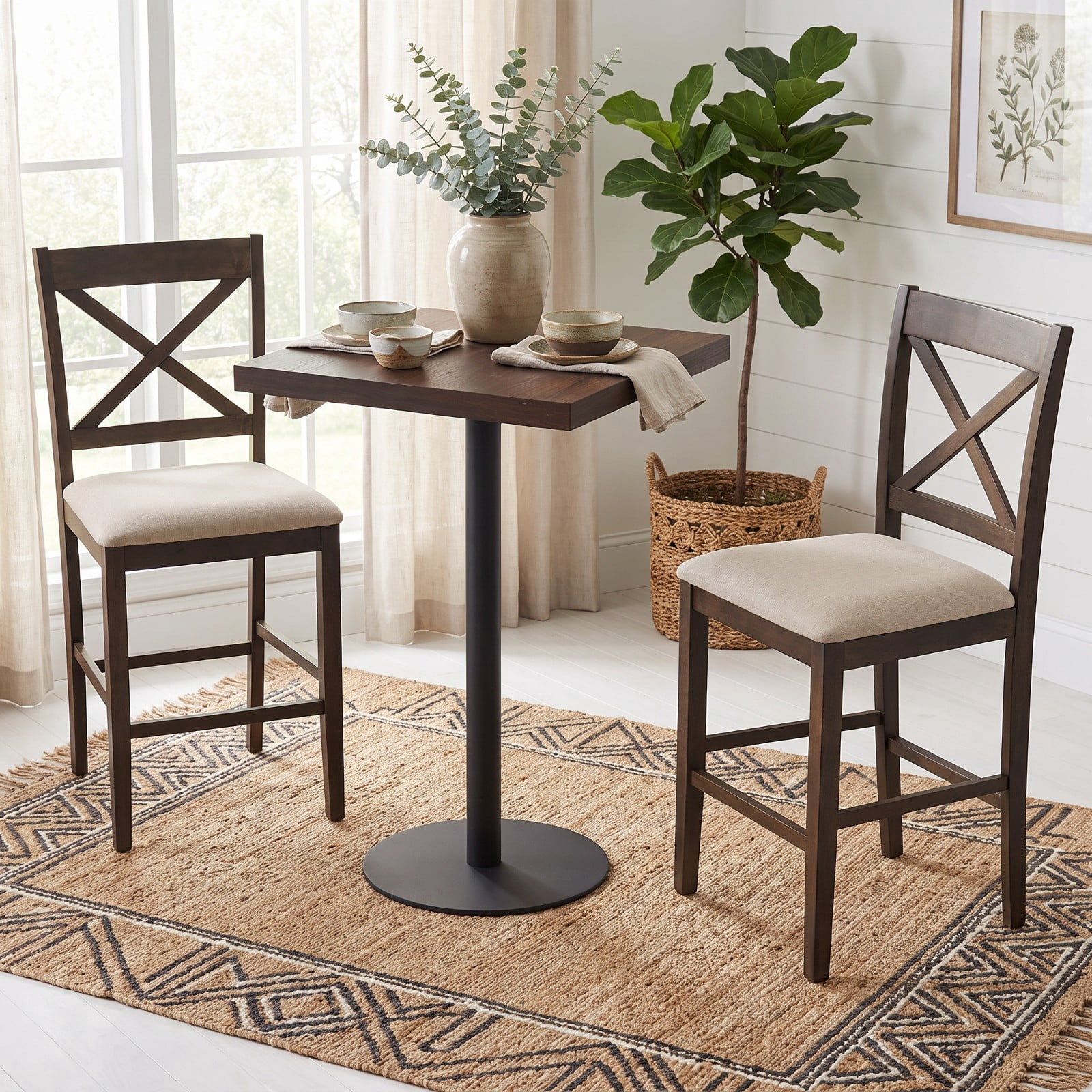 Furnibear Set of 2 X-Back Bar Stools with Upholstered Cushioned Seats and Rubber Wood Frame