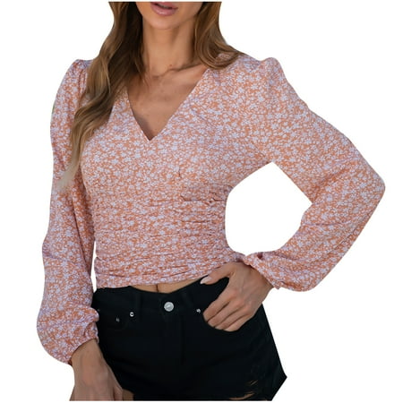

Womens Blouse Long Sleeve V-Neck Hedging T-Shirts Floral Casual Loose Tops Blouse