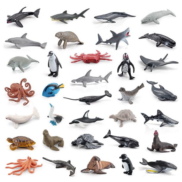 Juego de figuras de animales del océano, 34 piezas, realistas, de vida marina