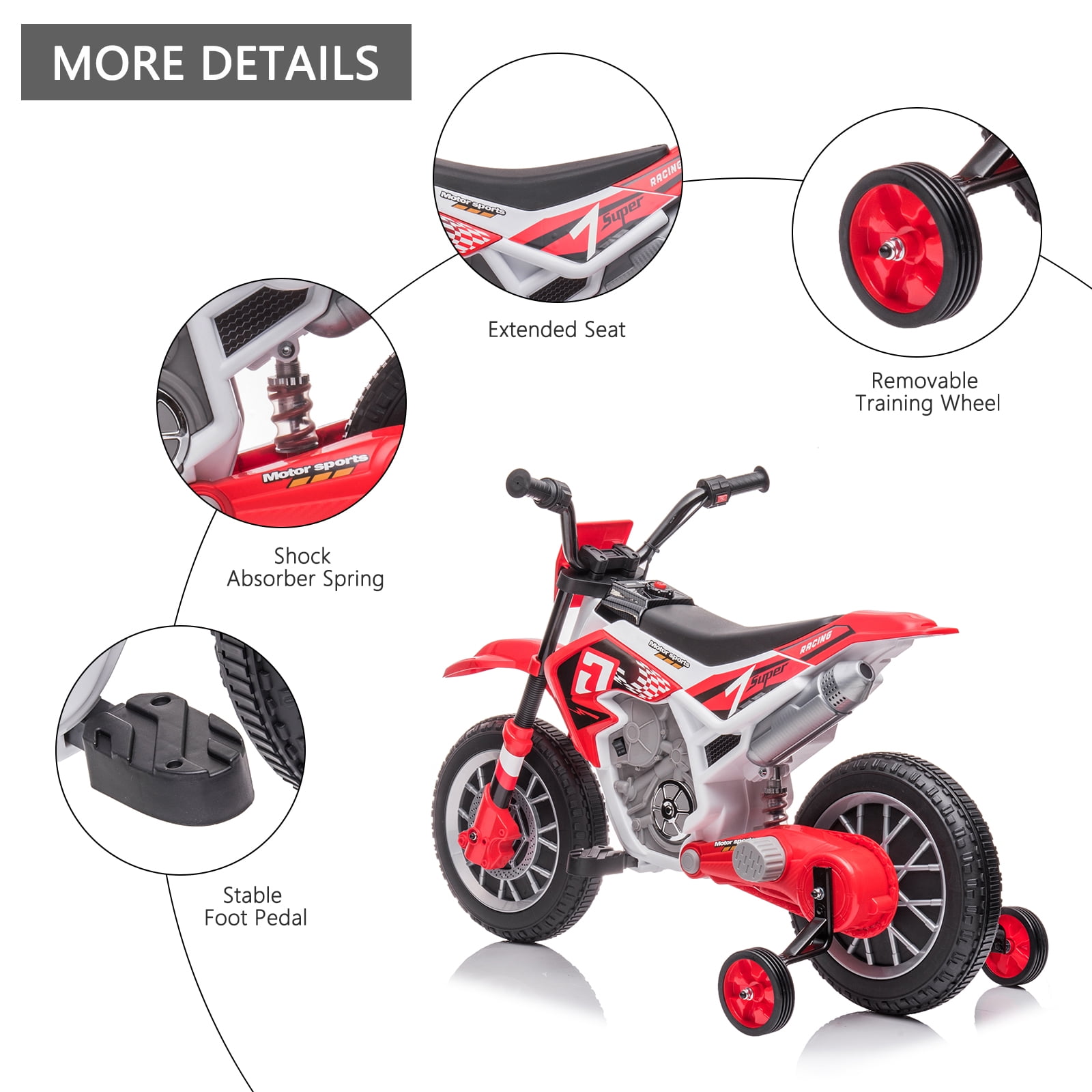 FINITO 12V Kids Ride on Motorcycle Battery Powered Car Toy with 2 Training Wheels Electric Motorbike Gift for Boys Girls Age 3+, Red