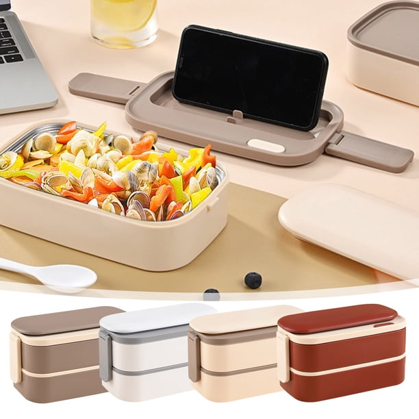 Fiambrera de doble capa de acero inoxidable 304 - Caja Bento impermeable de 3 compartimentos con palillos y cuchara • Apta para microondas y lavavajillas • Recipiente portátil para preparar comidas