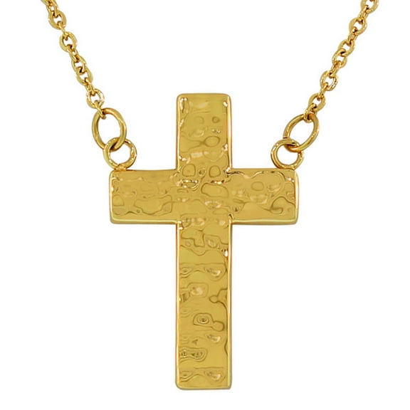 Stainless Steel Yellow Gold-Tone Hammered Finish Cross Pendant Necklace