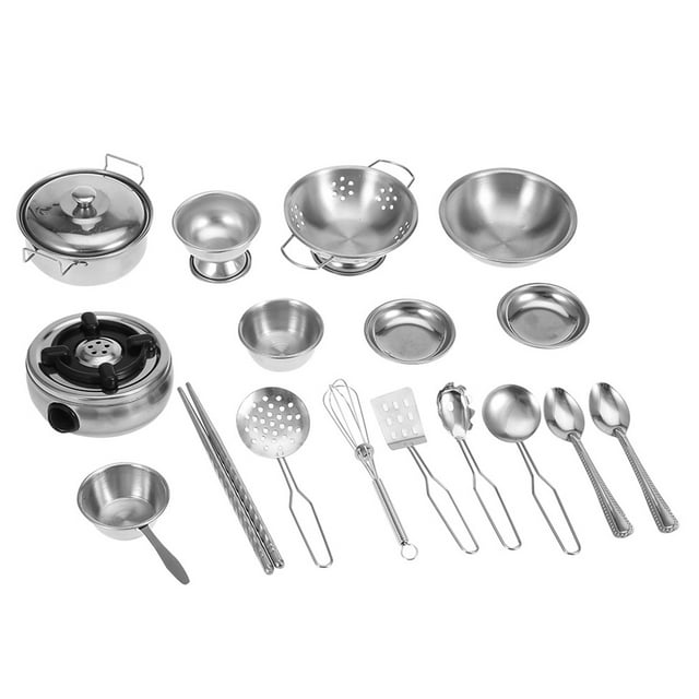 Juego de juguetes de cocina de acero inoxidable, 18 piezas de juguetes de cocina, juguetes de cocina de acero inoxidable, juguetes de cocina para niños y niñas, regalo, diseño exquisito