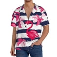 thumbnail image 3 of KLL Dark Blue Stripes and Pink Flamingos Print Men's Shirt Short Sleeve Button Down Summer Cuba Beach Shirts- Medium, 3 of 7