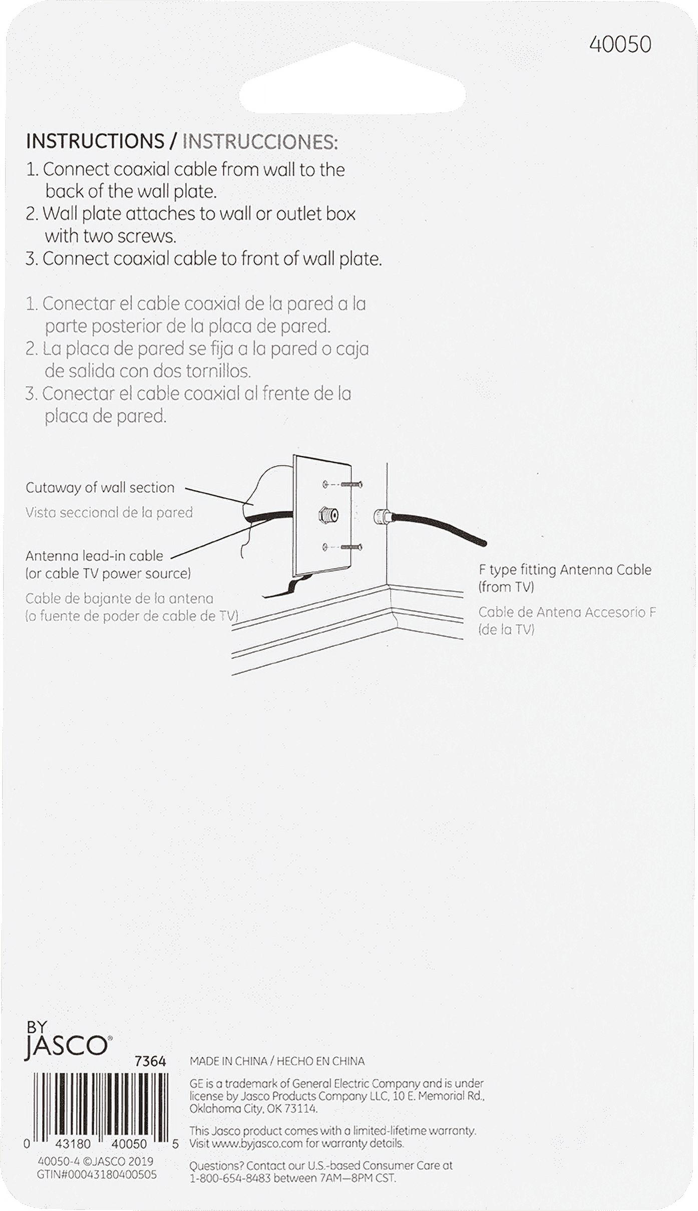 GE Coaxial Wall Plate, F-Type Connection, 1 Port, White, 5in, 40050