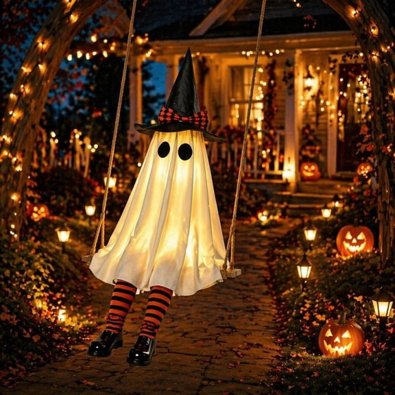 6ft Hanging Ghost with Witch Hat & String Lights, Eerie Glowing Halloween Porch Decor, Spooky Ornament for Patio, Entrance, Yard, Tree & Holiday Display, B