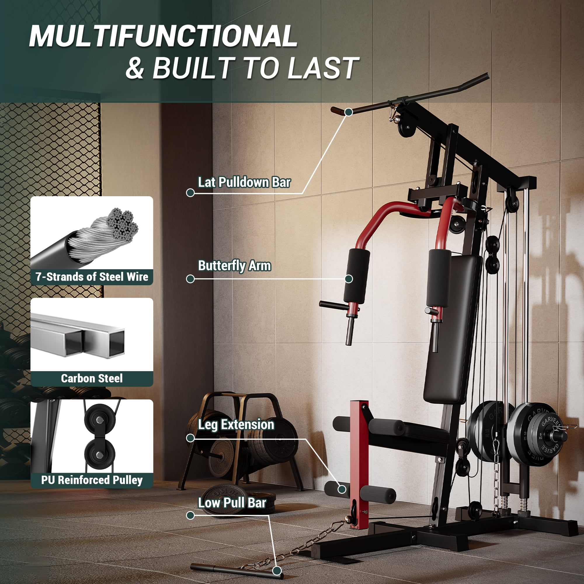 Roromall Home Gym Machine, Full Body Workout Equipment with Pulley System, Leg Press Support for Strength Training, Workout Station Suit for 1" & 2" Holes of Weight Plates (Not Includ)