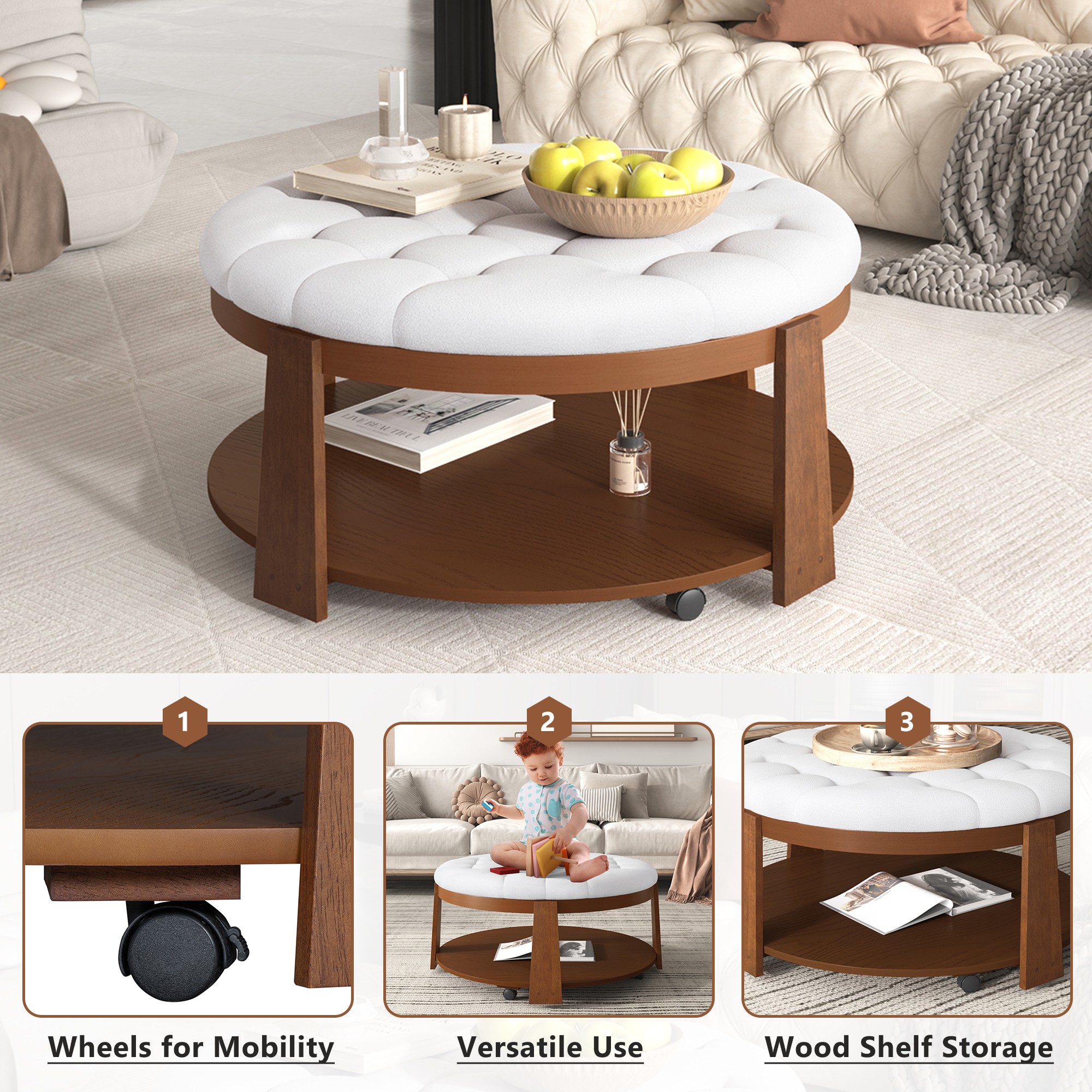 Leumius Coffee Table,2-Tier Round Oversized Button Tufted Ottoman with Wood Shelf Storage for Living Room,Ivory White