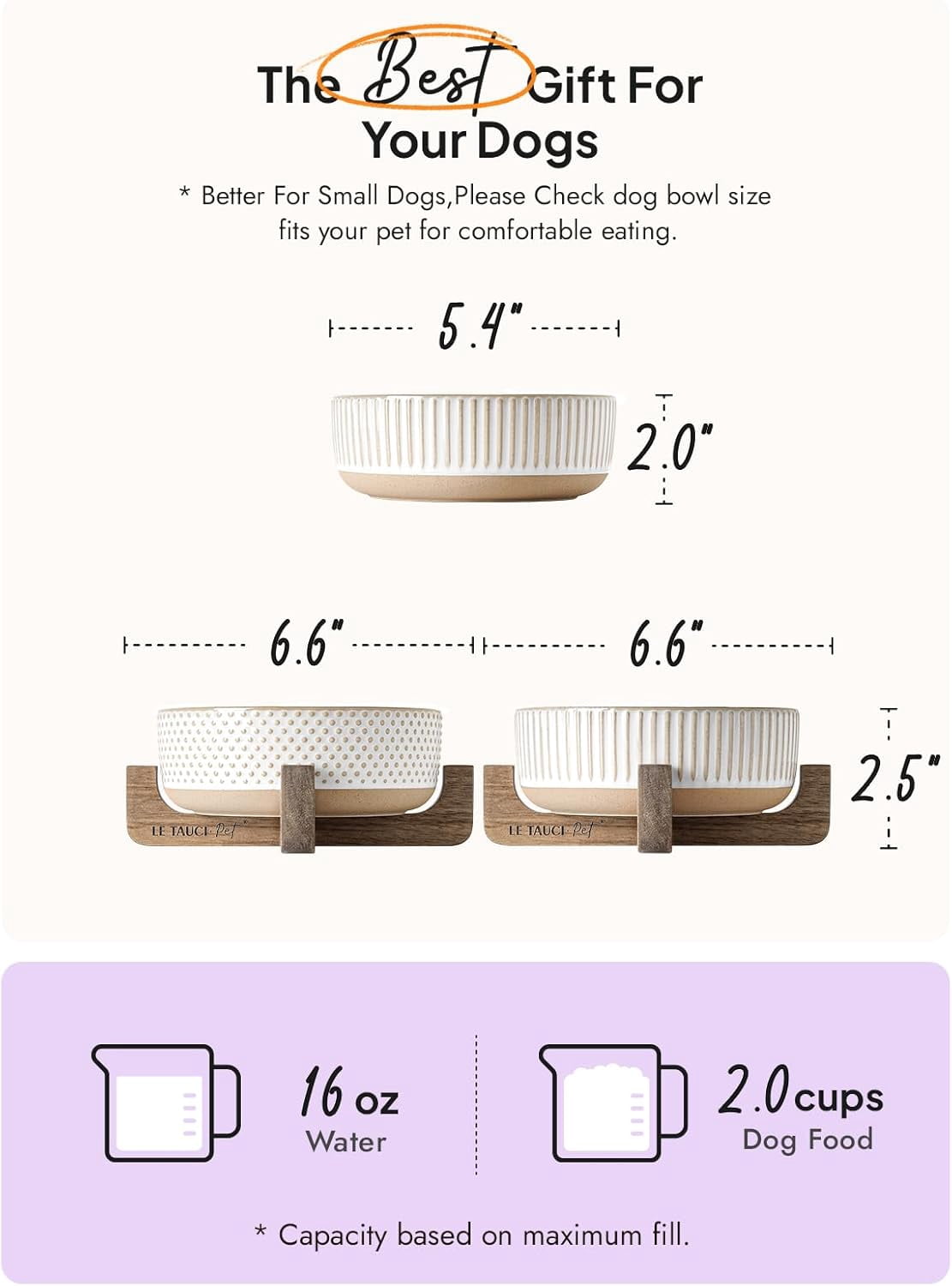 Ceramic Dog Bowls with Wood Stand, 4-Cup Pet Food and Water Dishes Set of 2 for Small Medium Dogs