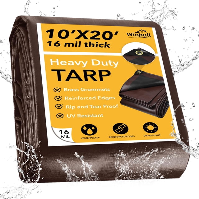 Winpull Lona 10X20Ft 16 Mil Lonas grandes resistentes Lona impermeable con ojales de latón y bordes reforzados Lona de polietileno resistente a los rayos UV y a la decoloración para acampar al aire li