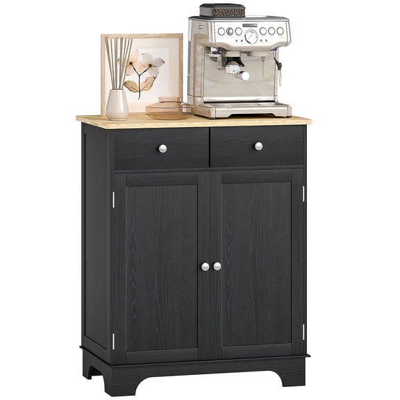 Sideboard Kitchen Buffet Cabinet with Solid Wood Top, 2 Drawers and Adjustable Shelves, Distressed Black, 26.75" W x 15.75" D x 33.5" H