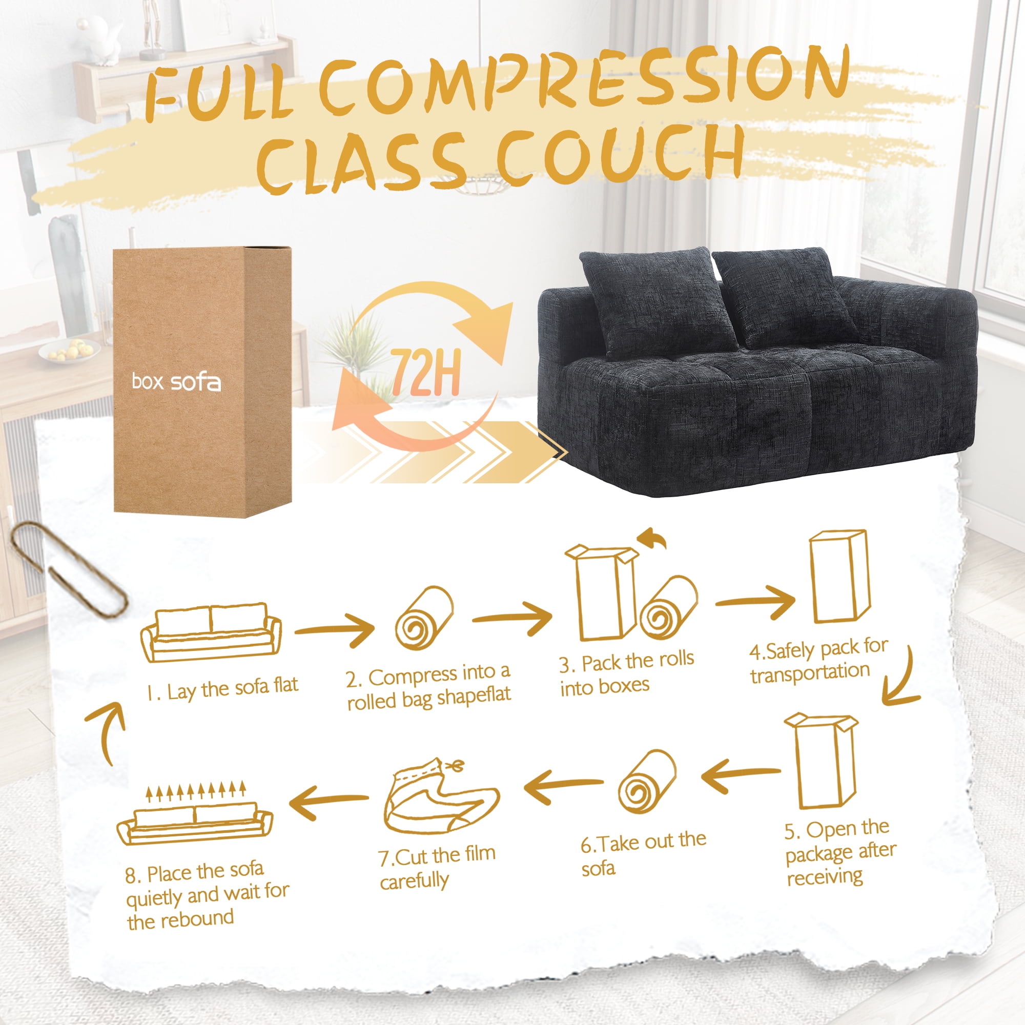 MOONMISS Chenille Upholstered Modern 2-Seater Lazy Compression Sofa with Small Side Pocket-Black