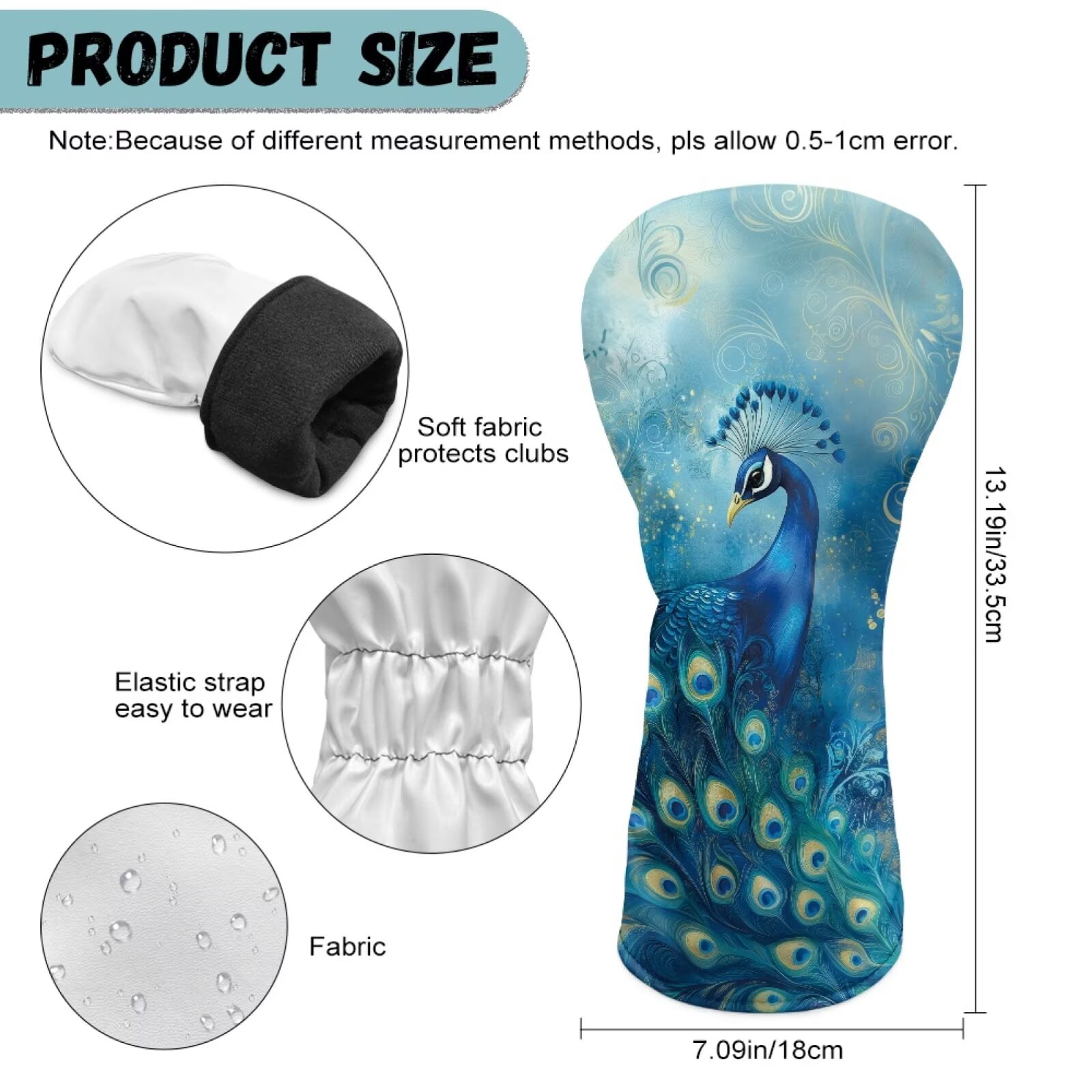 Uorisanigo Golf Club Covers Set of 3 Driver Headcover and Fairway Wood Head Covers Hybrid Headcovers, Blue Paisley Peacock Accessories Premium PU Leather Golf Head Cover